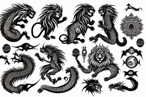 lion and dragon, pegasus, shaman, totem pole, abstract negative space, not ugly, expressive, colour, trippy, lions mane, dragon feet, sharp claws, crystal ball tattoo idea