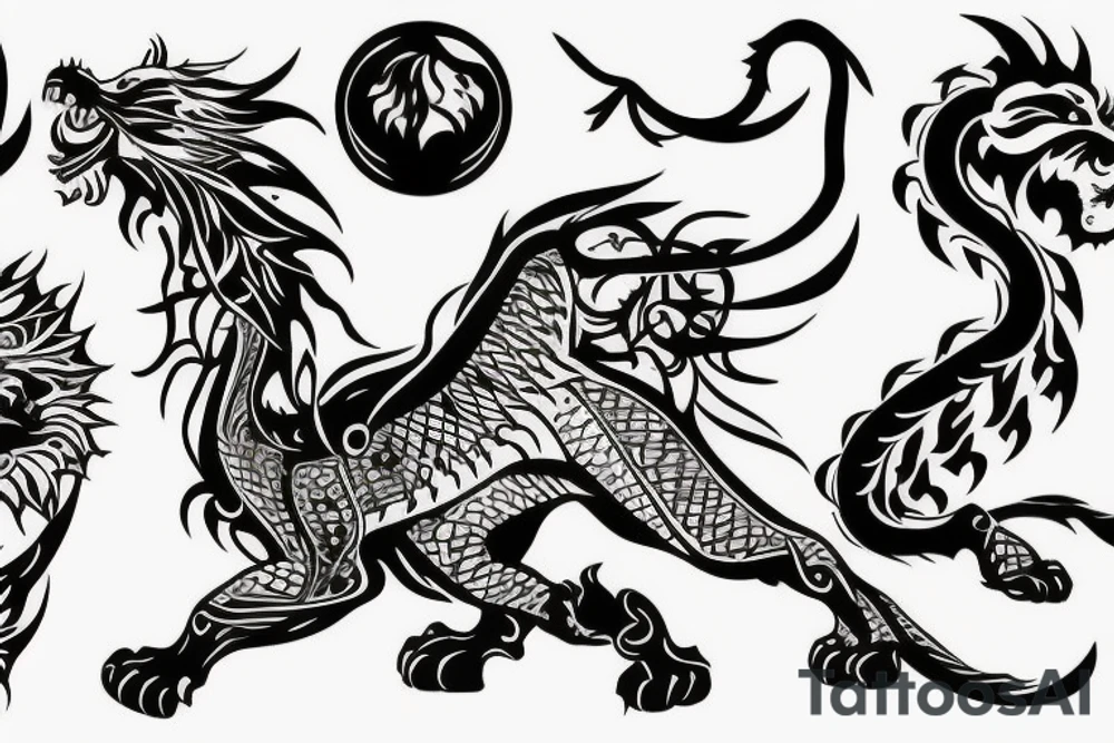 lion and dragon, pegasus, shaman, totem pole, abstract negative space, not ugly, expressive, colour, trippy, lions mane, dragon feet, sharp claws, crystal ball tattoo idea