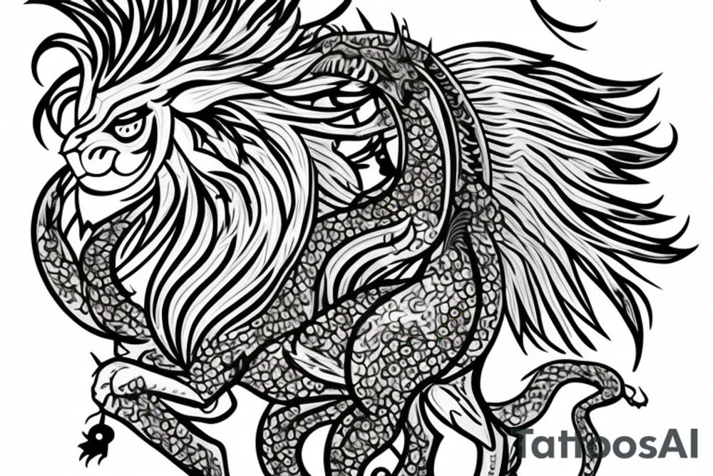 lion and dragon, pegasus, shaman, totem pole, abstract negative space, not ugly, expressive, colour, trippy, lions mane, dragon feet, sharp claws, crystal ball tattoo idea