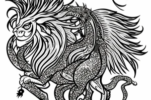 lion and dragon, pegasus, shaman, totem pole, abstract negative space, not ugly, expressive, colour, trippy, lions mane, dragon feet, sharp claws, crystal ball tattoo idea