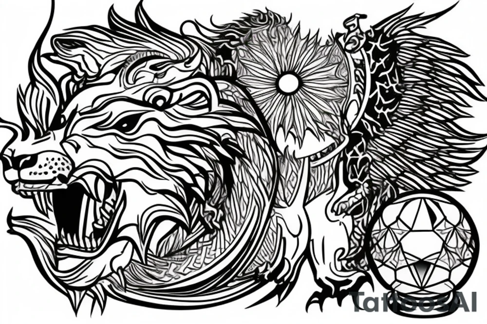 lion and dragon, pegasus, shaman, totem pole, abstract negative space, not ugly, expressive, colour, trippy, lions mane, dragon feet, sharp claws, crystal ball tattoo idea