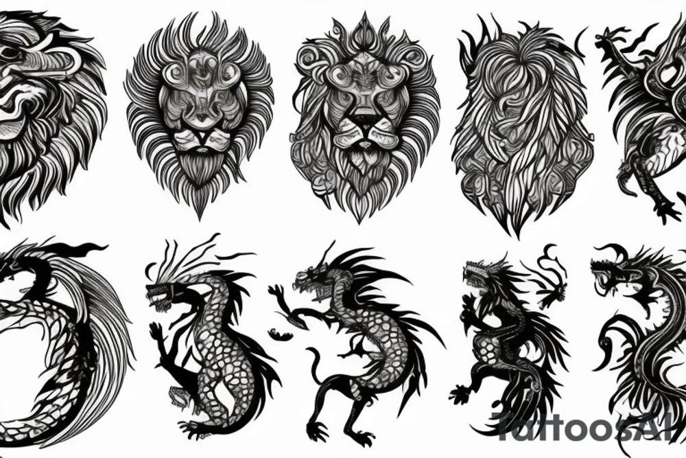 lion and dragon, pegasus, shaman, totem pole, abstract negative space, not ugly, expressive, colour, trippy, lions mane, dragon feet, sharp claws, crystal ball tattoo idea