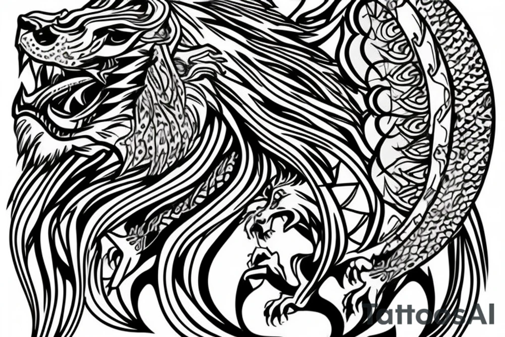 lion and dragon, pegasus, shaman, totem pole, abstract negative space, not ugly, expressive, colour, trippy, lions mane, dragon feet, sharp claws, crystal ball tattoo idea