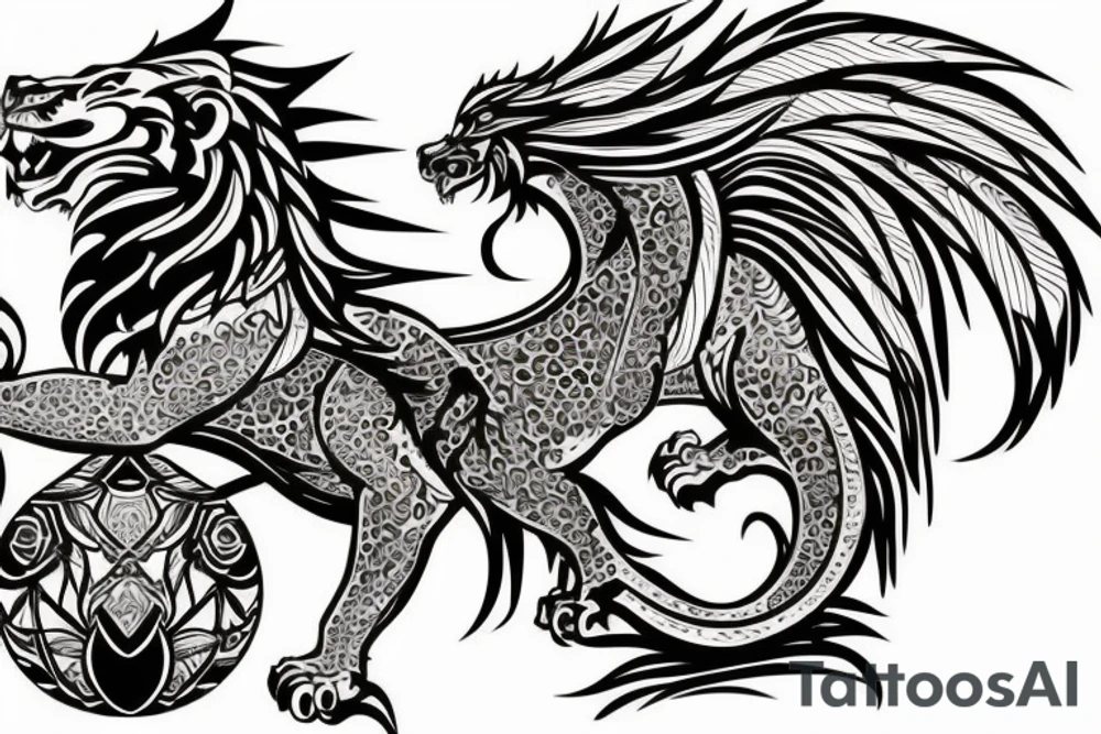 lion and dragon, pegasus, shaman, totem pole, abstract negative space, not ugly, expressive, colour, trippy, lions mane, dragon feet, sharp claws, crystal ball tattoo idea