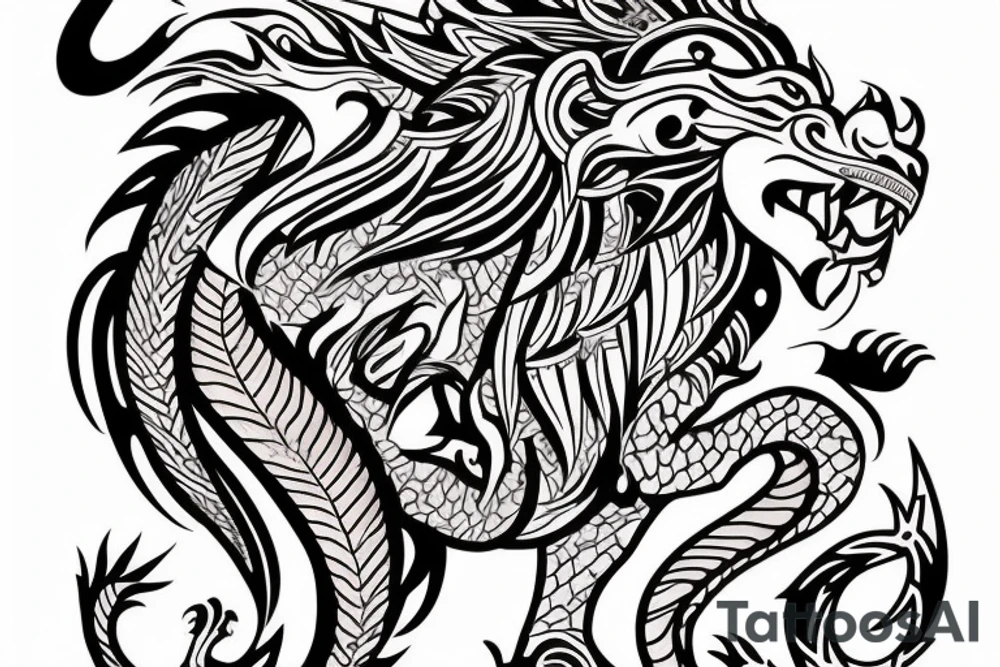 lion and dragon, pegasus, shaman, totem pole, abstract negative space, not ugly, expressive, colour, trippy, lions mane, dragon feet, sharp claws, crystal ball tattoo idea