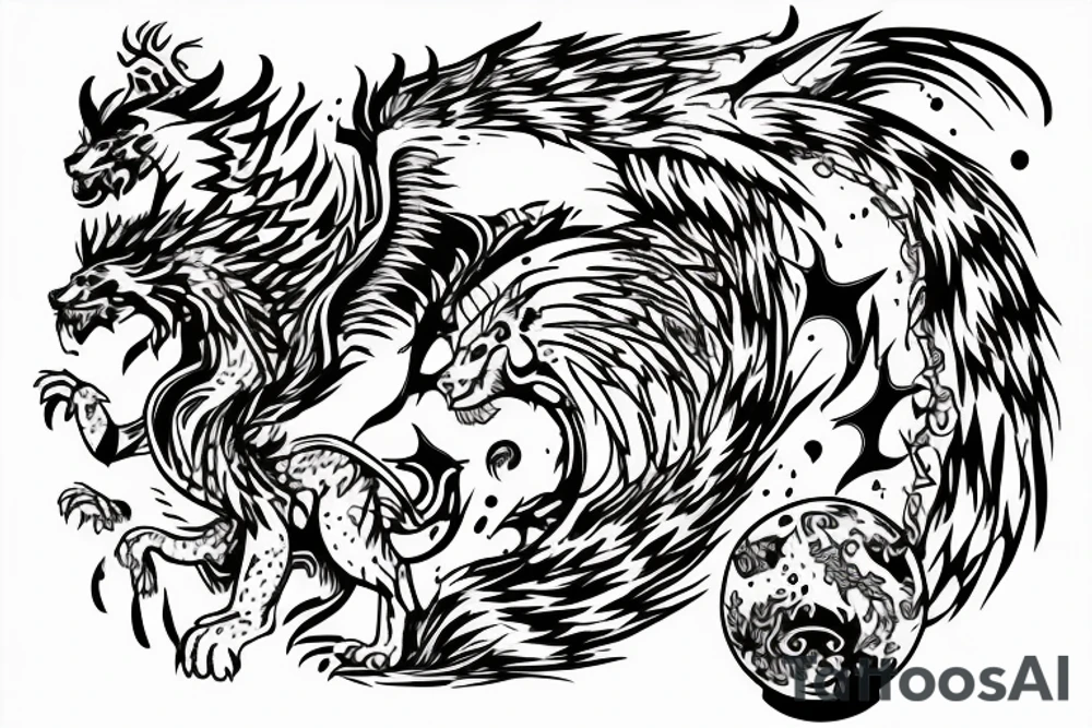 lion and dragon, pegasus, shaman, totem pole, abstract negative space, not ugly, expressive, colour, trippy, lions mane, dragon feet, sharp claws, crystal ball tattoo idea