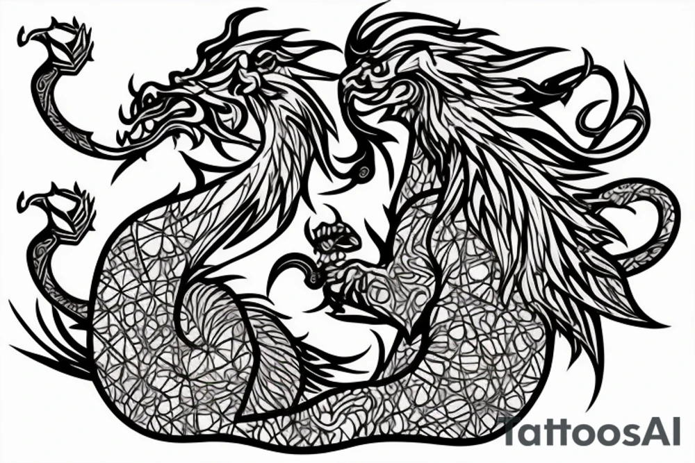 lion and dragon, pegasus, shaman, totem pole, abstract negative space, not ugly, expressive, colour, trippy, lions mane, dragon feet, sharp claws, crystal ball tattoo idea