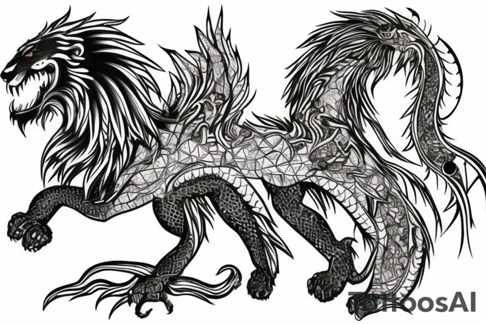 lion and dragon, pegasus, shaman, totem pole, abstract negative space, not ugly, expressive, colour, trippy, lions mane, dragon feet, sharp claws, crystal ball tattoo idea