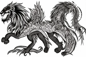 lion and dragon, pegasus, shaman, totem pole, abstract negative space, not ugly, expressive, colour, trippy, lions mane, dragon feet, sharp claws, crystal ball tattoo idea