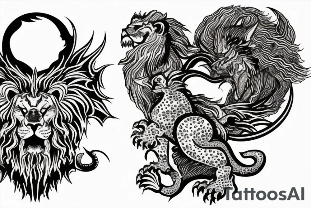 lion and dragon, pegasus, shaman, totem pole, abstract negative space, not ugly, expressive, colour, trippy, lions mane, dragon feet, sharp claws, crystal ball, 5 horsemen of death tattoo idea