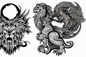 lion and dragon, pegasus, shaman, totem pole, abstract negative space, not ugly, expressive, colour, trippy, lions mane, dragon feet, sharp claws, crystal ball, 5 horsemen of death tattoo idea