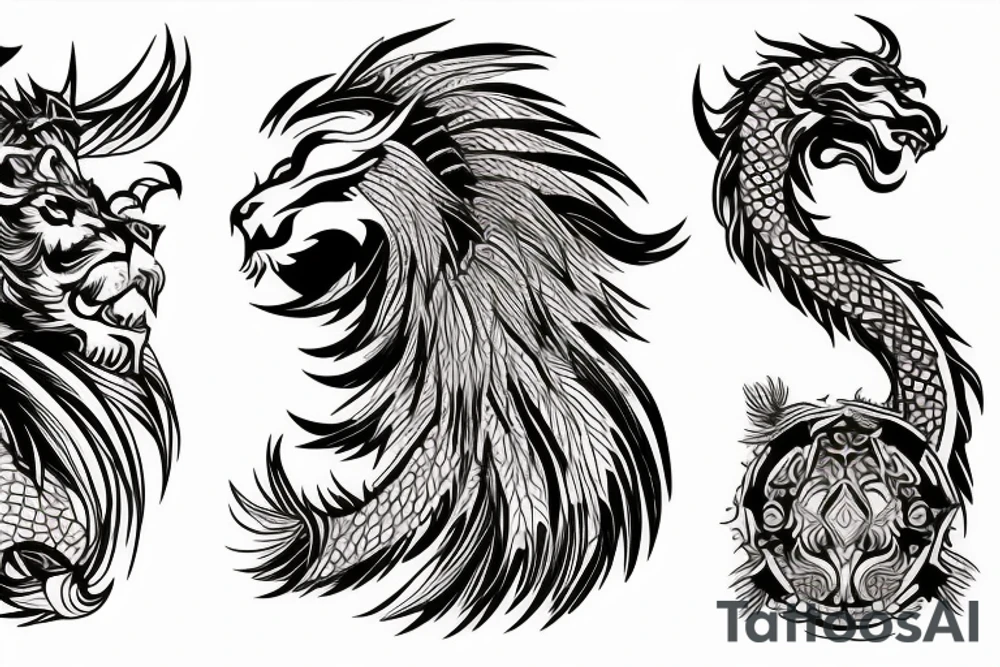 lion and dragon, pegasus, shaman, totem pole, abstract negative space, not ugly, expressive, colour, trippy, lions mane, dragon feet, sharp claws, crystal ball, 5 horsemen of death tattoo idea