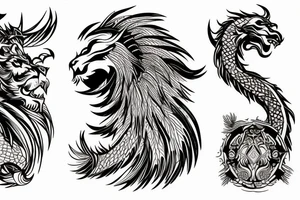 lion and dragon, pegasus, shaman, totem pole, abstract negative space, not ugly, expressive, colour, trippy, lions mane, dragon feet, sharp claws, crystal ball, 5 horsemen of death tattoo idea