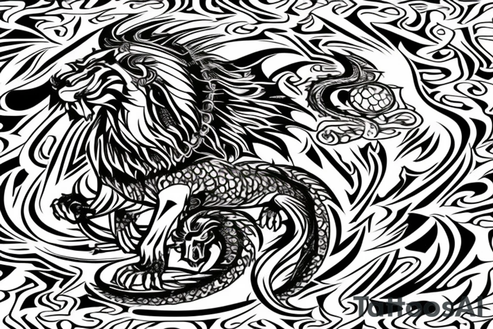 lion and dragon, pegasus, shaman, totem pole, abstract negative space, not ugly, expressive, colour, trippy, lions mane, dragon feet, sharp claws, crystal ball, 5 horsemen of death tattoo idea