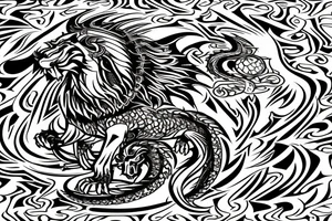 lion and dragon, pegasus, shaman, totem pole, abstract negative space, not ugly, expressive, colour, trippy, lions mane, dragon feet, sharp claws, crystal ball, 5 horsemen of death tattoo idea