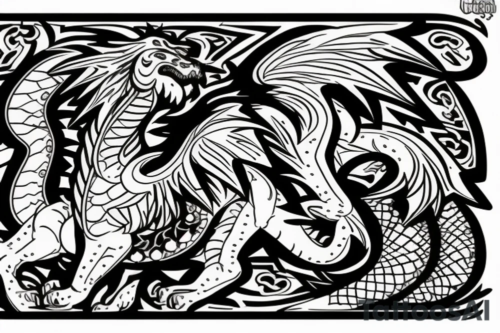 lion and dragon, pegasus, shaman, totem pole, abstract negative space, not ugly, expressive, colour, trippy, lions mane, dragon feet, sharp claws, crystal ball, 5 horsemen of death tattoo idea
