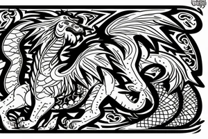 lion and dragon, pegasus, shaman, totem pole, abstract negative space, not ugly, expressive, colour, trippy, lions mane, dragon feet, sharp claws, crystal ball, 5 horsemen of death tattoo idea