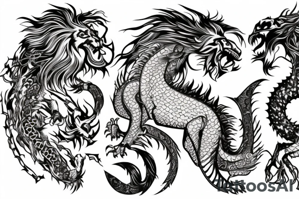 lion and dragon, pegasus, shaman, totem pole, abstract negative space, not ugly, expressive, colour, trippy, lions mane, dragon feet, sharp claws, crystal ball, 5 horsemen of death tattoo idea