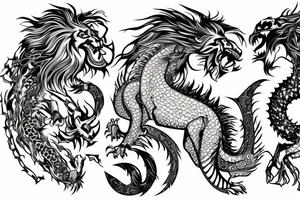 lion and dragon, pegasus, shaman, totem pole, abstract negative space, not ugly, expressive, colour, trippy, lions mane, dragon feet, sharp claws, crystal ball, 5 horsemen of death tattoo idea