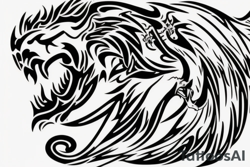 lion and dragon, pegasus, shaman, totem pole, abstract negative space, not ugly, expressive, colour, trippy, lions mane, dragon feet, sharp claws, crystal ball, 5 horsemen of death tattoo idea