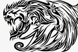 lion and dragon, pegasus, shaman, totem pole, abstract negative space, not ugly, expressive, colour, trippy, lions mane, dragon feet, sharp claws, crystal ball, 5 horsemen of death tattoo idea