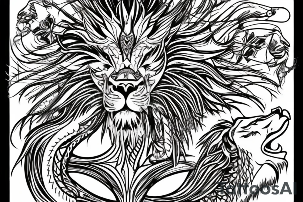 lion and dragon, pegasus, shaman, totem pole, abstract negative space, not ugly, expressive, colour, trippy, lions mane, dragon feet, sharp claws, crystal ball, 5 horsemen of death tattoo idea
