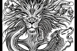 lion and dragon, pegasus, shaman, totem pole, abstract negative space, not ugly, expressive, colour, trippy, lions mane, dragon feet, sharp claws, crystal ball, 5 horsemen of death tattoo idea