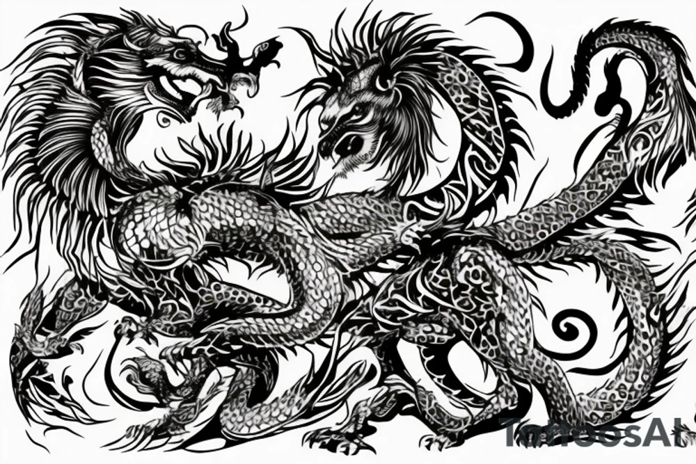 lion and dragon, pegasus, shaman, totem pole, abstract negative space, not ugly, expressive, colour, trippy, lions mane, dragon feet, sharp claws, crystal ball, 5 horsemen of death tattoo idea