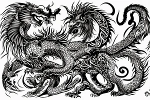 lion and dragon, pegasus, shaman, totem pole, abstract negative space, not ugly, expressive, colour, trippy, lions mane, dragon feet, sharp claws, crystal ball, 5 horsemen of death tattoo idea