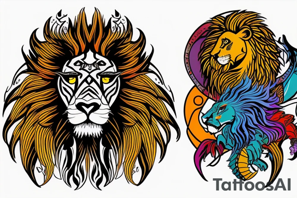 lion and dragon, pegasus, shaman, totem pole, abstract negative space, not ugly, expressive, colour, trippy, lions mane, dragon feet, sharp claws, crystal ball, 5 horsemen of death tattoo idea