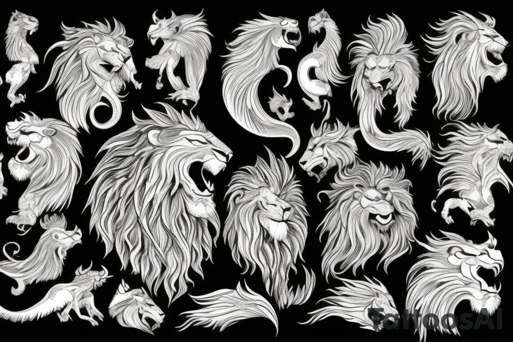 lion and dragon, pegasus, shaman, totem pole, abstract negative space, not ugly, expressive, colour, trippy, lions mane, dragon feet, sharp claws, crystal ball, 5 horsemen of death tattoo idea