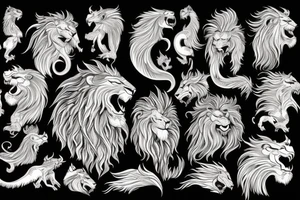 lion and dragon, pegasus, shaman, totem pole, abstract negative space, not ugly, expressive, colour, trippy, lions mane, dragon feet, sharp claws, crystal ball, 5 horsemen of death tattoo idea