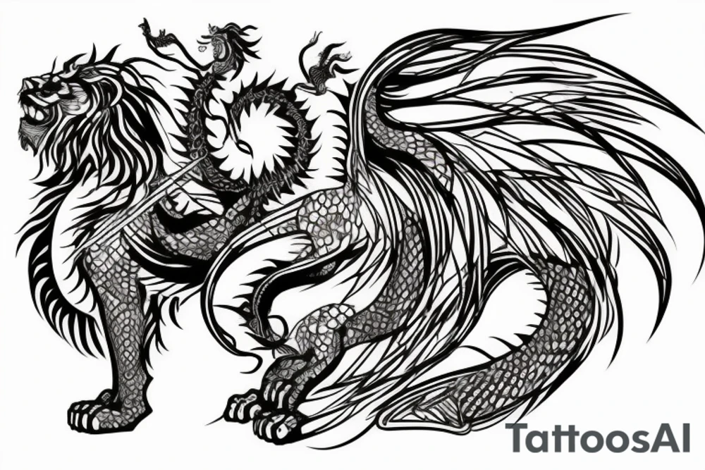 lion and dragon, pegasus, shaman, totem pole, abstract negative space, not ugly, expressive, colour, trippy, lions mane, dragon feet, sharp claws, crystal ball, 5 horsemen of death tattoo idea