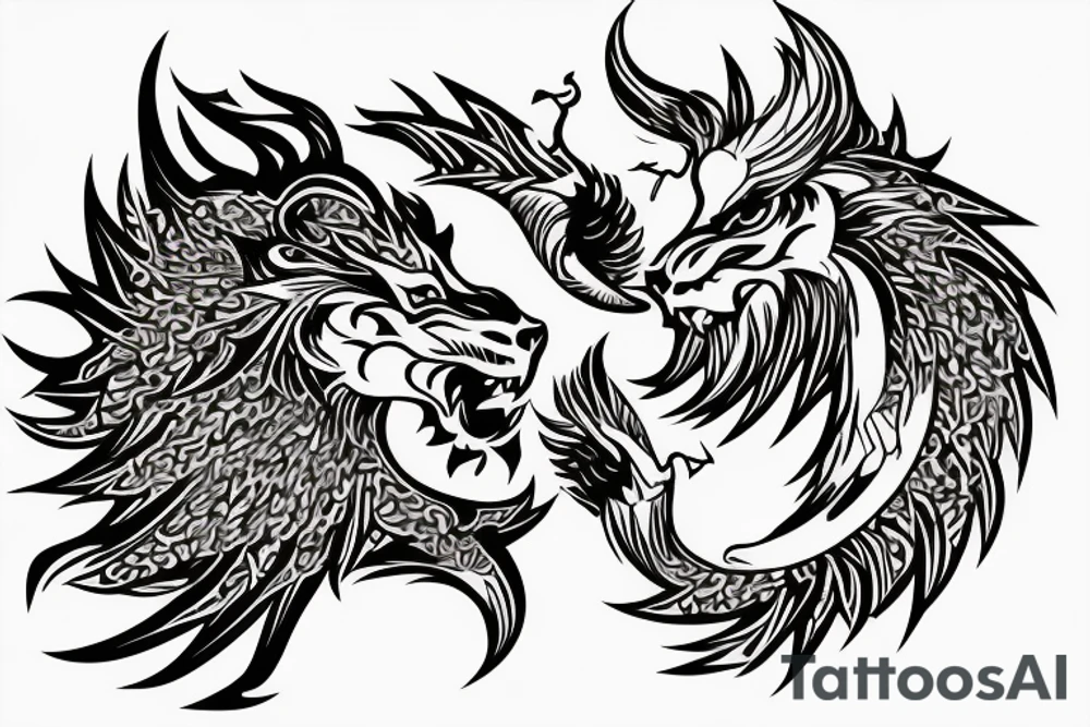 lion and dragon, pegasus, shaman, totem pole, abstract negative space, not ugly, expressive, colour, trippy, lions mane, dragon feet, sharp claws, crystal ball, 5 horsemen of death tattoo idea