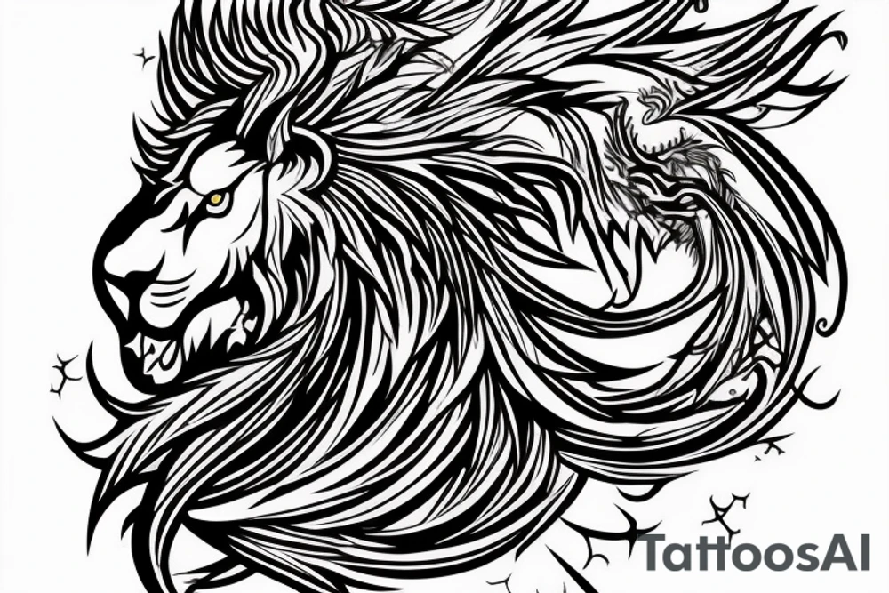 lion and dragon, pegasus, shaman, totem pole, abstract negative space, not ugly, expressive, colour, trippy, lions mane, dragon feet, sharp claws, crystal ball, 5 horsemen of death tattoo idea