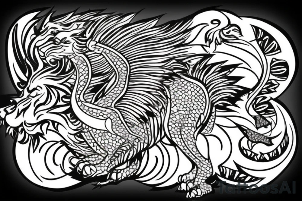 lion and dragon, pegasus, shaman, totem pole, abstract negative space, not ugly, expressive, colour, trippy, lions mane, dragon feet, sharp claws, crystal ball, 5 horsemen of death tattoo idea