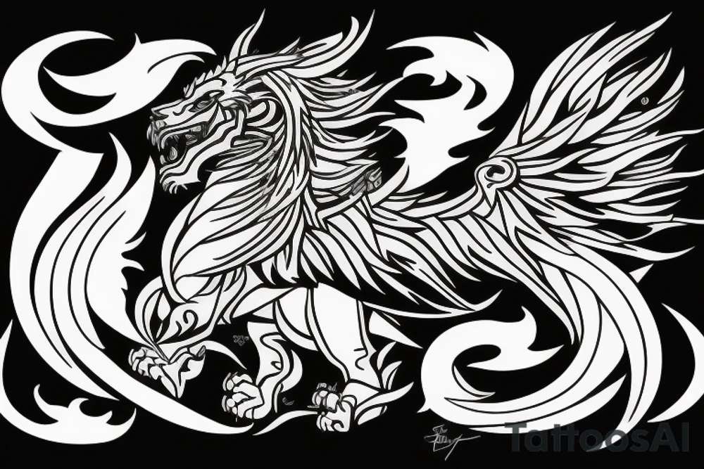 lion and dragon, pegasus, shaman, totem pole, abstract negative space, not ugly, expressive, colour, trippy, lions mane, dragon feet, sharp claws, crystal ball, 5 horsemen of death tattoo idea
