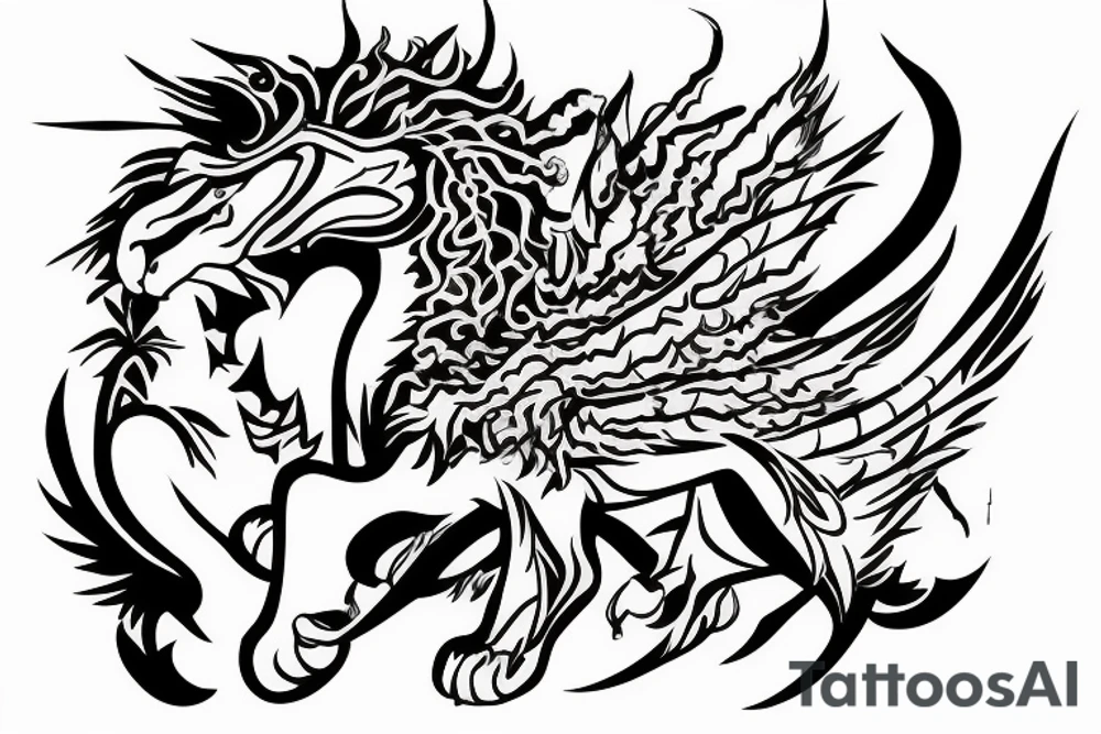 lion and dragon, pegasus, shaman, totem pole, abstract negative space, not ugly, expressive, colour, trippy, lions mane, dragon feet, sharp claws, crystal ball, 5 horsemen of death tattoo idea