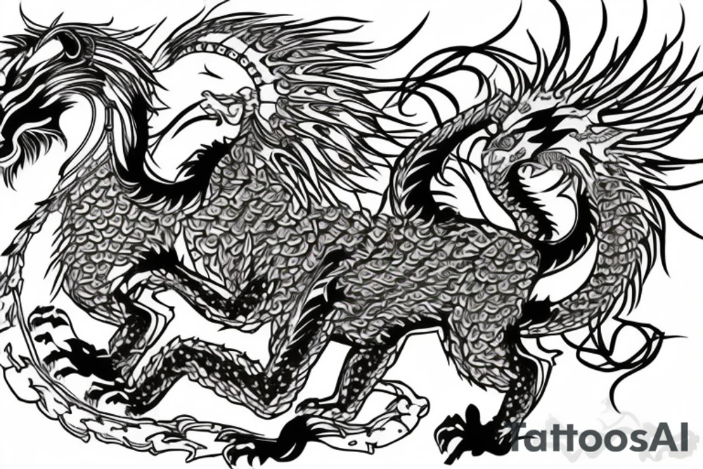lion and dragon, pegasus, shaman, totem pole, abstract negative space, not ugly, expressive, colour, trippy, lions mane, dragon feet, sharp claws, crystal ball, 5 horsemen of death tattoo idea