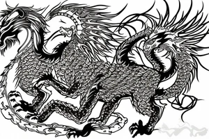 lion and dragon, pegasus, shaman, totem pole, abstract negative space, not ugly, expressive, colour, trippy, lions mane, dragon feet, sharp claws, crystal ball, 5 horsemen of death tattoo idea
