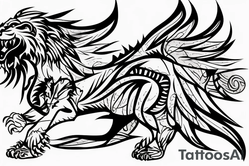 lion and dragon, pegasus, shaman, totem pole, abstract negative space, not ugly, expressive, colour, trippy, lions mane, dragon feet, sharp claws, crystal ball, 5 horsemen of death tattoo idea