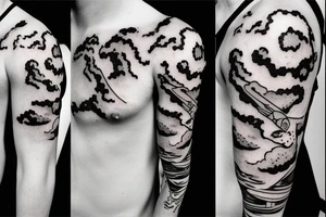 Happy dark cloud with rain and thunderbolt tattoo idea