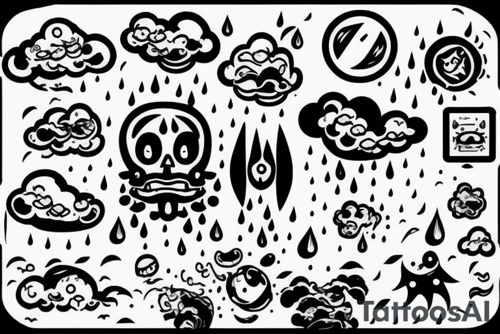 Happy dark cloud with rain and thunderbolt tattoo idea