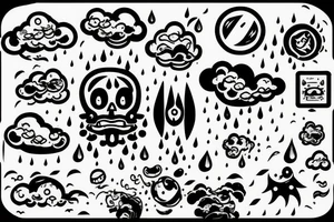 Happy dark cloud with rain and thunderbolt tattoo idea