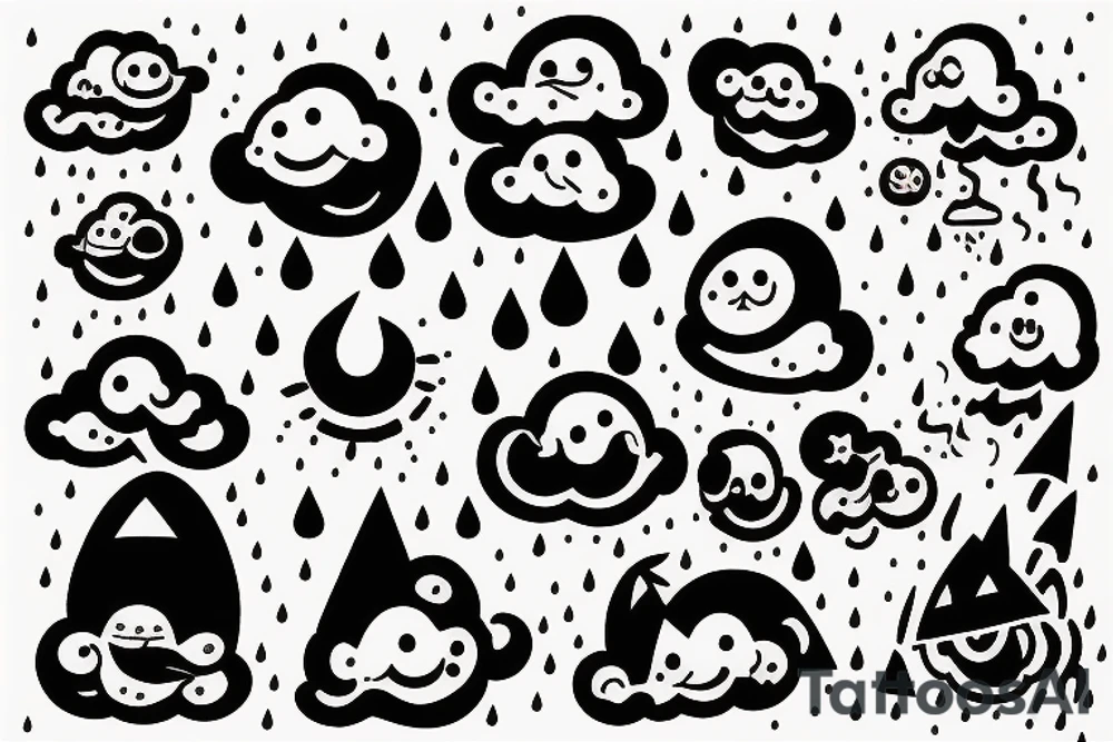 Happy dark cloud with rain and thunderbolt tattoo idea