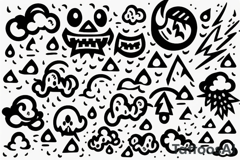 Happy dark cloud with rain and thunderbolt tattoo idea