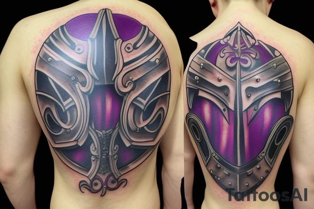 A great knight helmet with purple burning eyes tattoo idea
