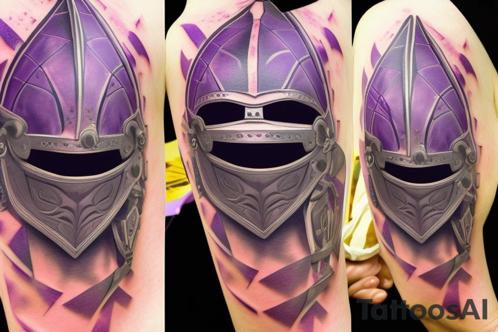 A great knight helmet with purple burning eyes tattoo idea