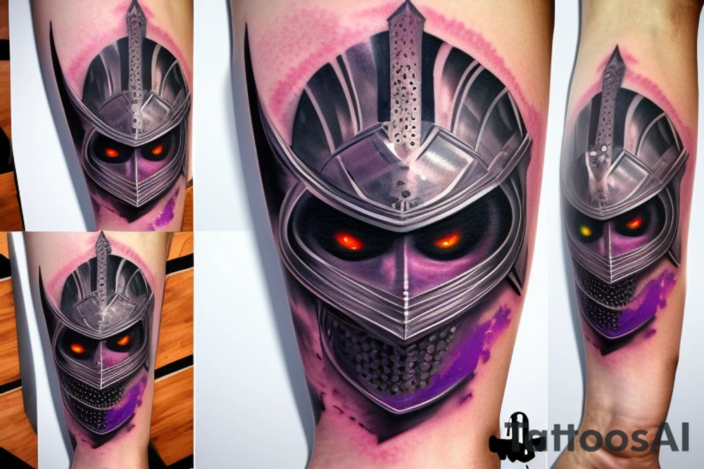 A great knight helmet with purple burning eyes tattoo idea