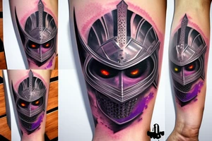 A great knight helmet with purple burning eyes tattoo idea